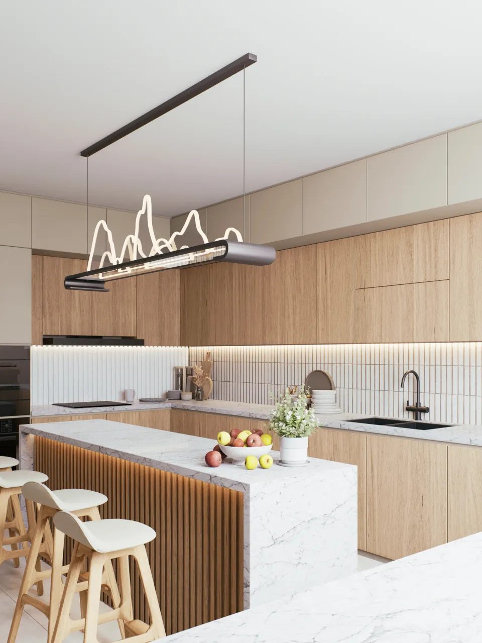Warm minimal kitchen with rift oak cabinetry, a fluted island and honed marble counters