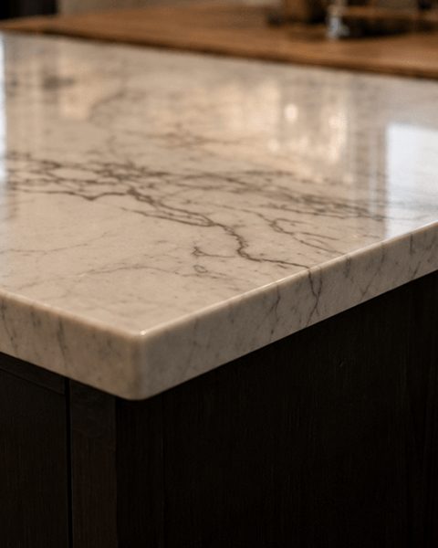 Close detail of a honed stone countertop edge over dark cabinetry